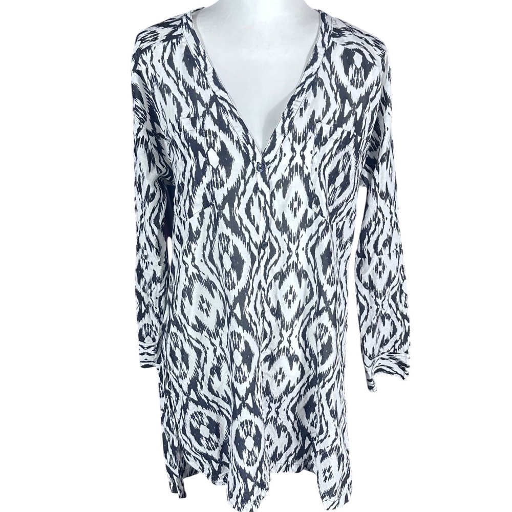 Athleta Printed Kaftan Tunic Top Women's M Black White Ikat Cotton Silk Blend - Picture 1 of 8